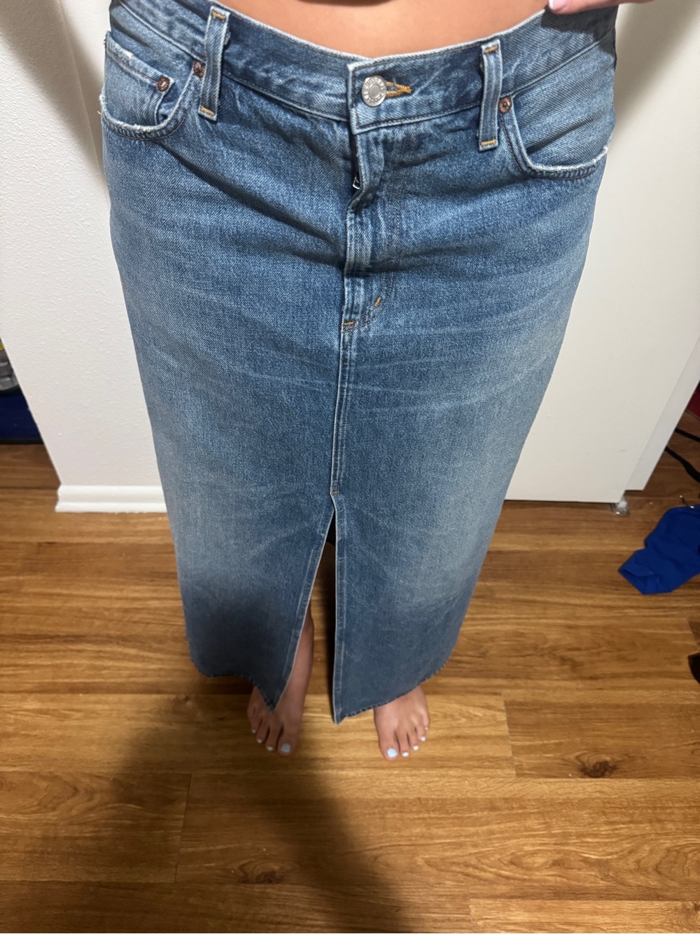 Agolde Washed Blue Denim Maxi Skirt with Front Center Slit